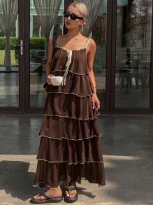 DAZY Women's Holiday Casual Beach Colorblock Ruffle Hem A-Line Midi Dress With Drawstring Waist Sundress - Brown - View 5