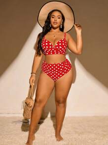 Swim Mod Plus Size Women Polka Dot Print Spaghetti Strap Push Up Swimwear Set For Summer Beach Vacation - Red - View 5