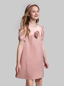 Maija Kids Maija Kids Tween Girl Casual 3D Flower Decor Short Sleeve Dress - Pink - View 1