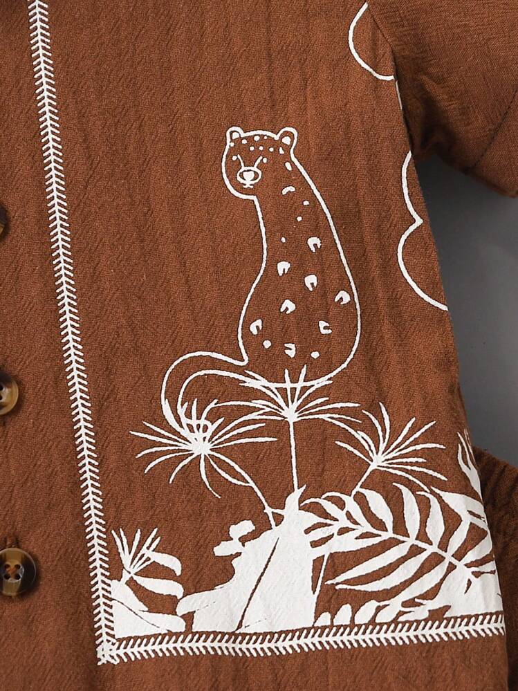 Toddler Boys Wild Animal Pattern Print Shirt & Shorts 2pcs Set, Casual Holiday Summer Outfit - Brown - View 3