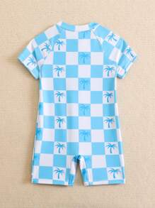 Baby Boy Printed Checker Board & Coconut Tree Pattern One-Piece Swimsuit, For Beach Vacation - Baby Blue - View 2