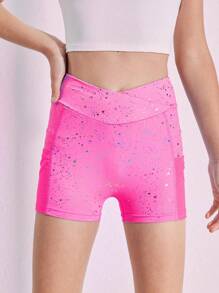 SHEIN Tween 女童金属色重叠腰修身运动短裤 - 玫紅色 - 查看 4
