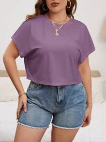 SHEIN Essnce Plus Size Women's Solid Color Round Neck Casual Cropped T-Shirt