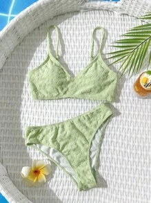 SHEIN Teengirl Light Green Jacquard Camisole Bikini Sweet Beach Resort Outfit - Green - View 5
