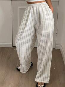 DAZY 宽松条纹绉纹直筒女式休闲舒适裤，秋季睡衣 - 白色 - 查看 1