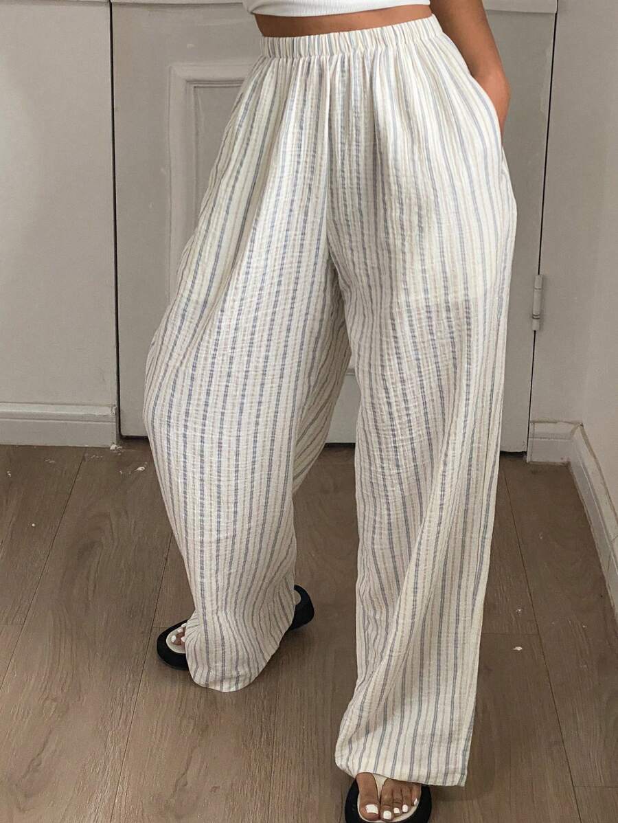 DAZY 宽松条纹绉纹直筒女式休闲舒适裤，秋季睡衣 - 白色 - 查看 1