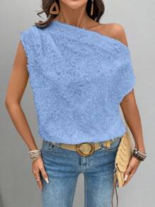 SHEIN Clasi 女士纹理荷叶边不对称肩部超大休闲优雅衬衫 - 淺藍色 - 查看 1