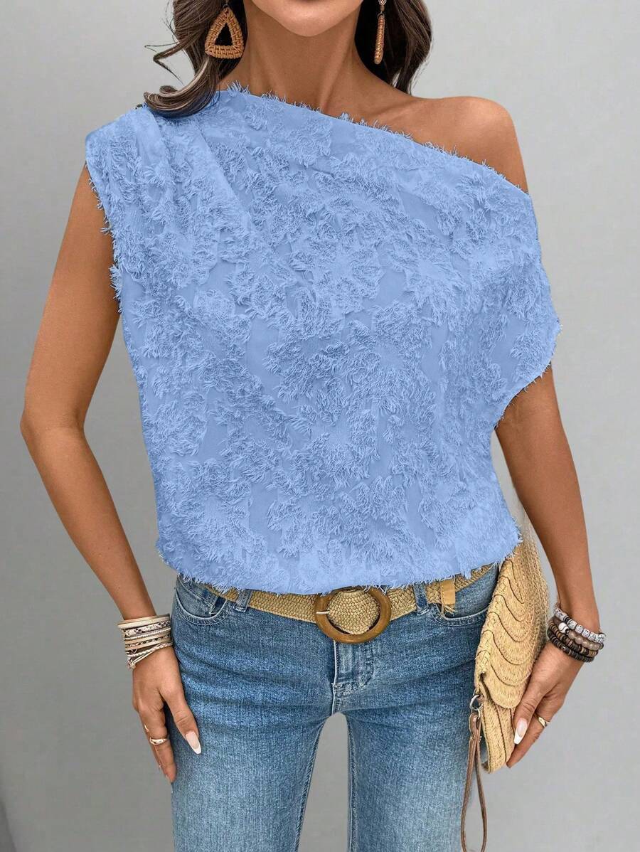 SHEIN Clasi 女士纹理荷叶边不对称肩部超大休闲优雅衬衫 - 淺藍色 - 查看 1