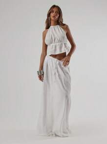 Musera Resort 露背褶饰下胸飘逸下摆沙滩罩衫短款上衣度假春夏优雅性感新娘装