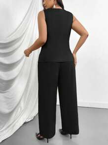 Firerie Plus Size Women's Business Suit Vest With Faux Pocket Detail, V-Neck Khaki Jacket And Pants 2 Pieces Set - Black - View 2