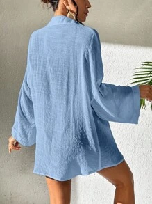 SHEIN Swim Women's Vacation Plain Color Rolled Sleeve Casual Kimono Cover-Up For Summer - Baby Blue - View 2