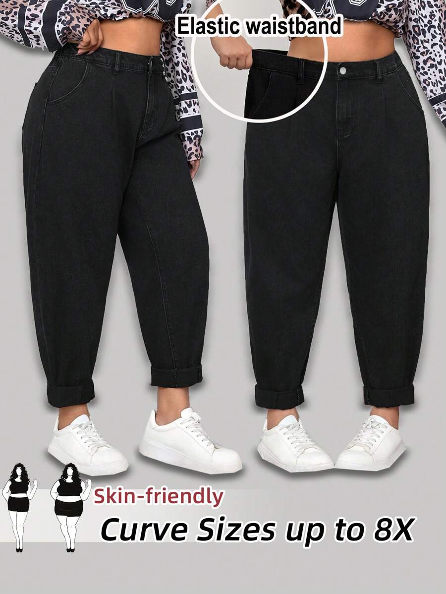 SHEIN CURVE+ 大码休闲简约纯色锥形牛仔裤 - 黑色 - 查看 1