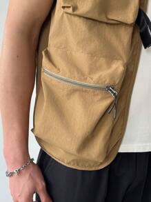 Claim Dot Men's Solid Color Multi-Pocket Casual Vest For Spring/Autumn, Zip Up Vest Jacket Summer - Khaki - View 7