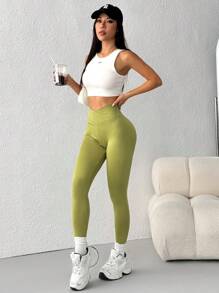 SHEIN EZwear Spring ClothesSolid High Waist Leggings - Green - View 5
