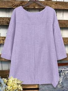 Blusa ampia casual da donna taglie forti, a tinta unita, con collo rotondo e spalle scoperte