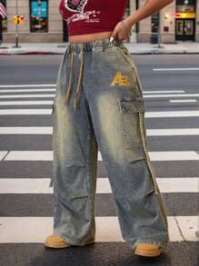 SHEIN ICON 大码女式工装口袋宽松阔腿牛仔裤 - 藍色 - 查看 3