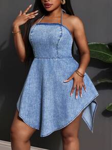 SHEIN SXY Vestido de verano de talla grande para mujer en azul marino de mezclilla con escote halter, vestidos de mujer elegantes para vacaciones en estilo bohemio y tropical, vestido de playa, vestido mini para mujer en color azul de verano