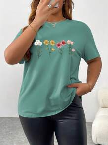 INAWLY Plus Size Women Floral Print Round Neck Short Sleeve T-Shirt, Casual For Summer - Mint Green - View 4