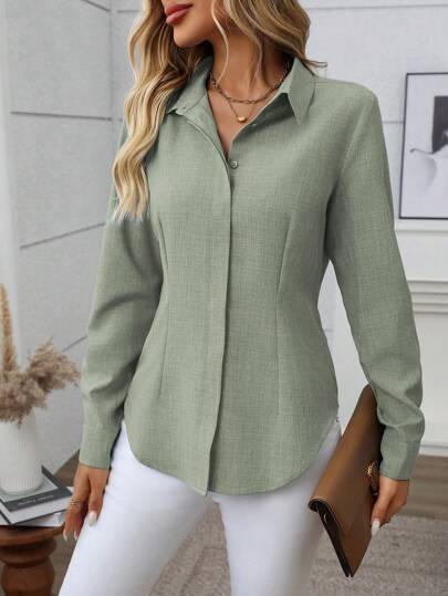 EMERY ROSE Casual Solid Color Long Sleeve Shirt, Suitable For Commuting Fall Cloth For Women