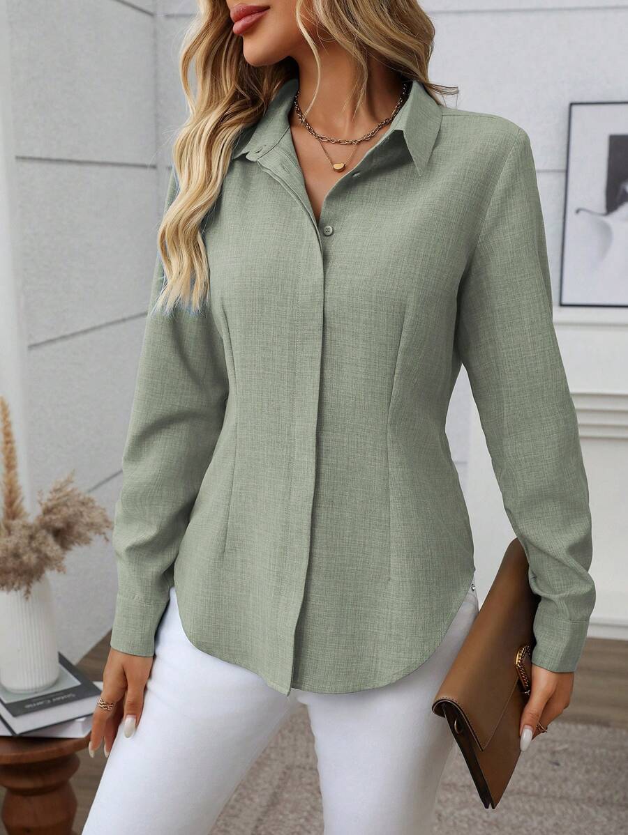 EMERY ROSE Casual Solid Color Long Sleeve Shirt, Suitable For Commuting Fall Cloth For Women - Green - View 1