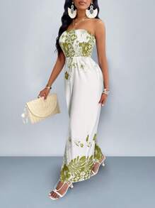 SOLERSUN Gathered Wide Leg Jumpsuit With Drawstring And Floral Leaf Print - White - View 8