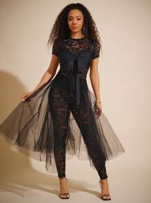 Vixey Sheer Lace Legging With Tulle Skirt, Festival, Spring, Summer For Women, Easter, Festival For Women - Black - View 1