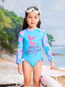 Young Girl Mermaid Letter Print Raglan Long Sleeve One-Piece Swimsuit - Multicolor - View 1