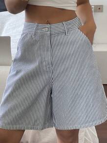 DAZY 女士条纹宽松直腿中长牛仔短裤