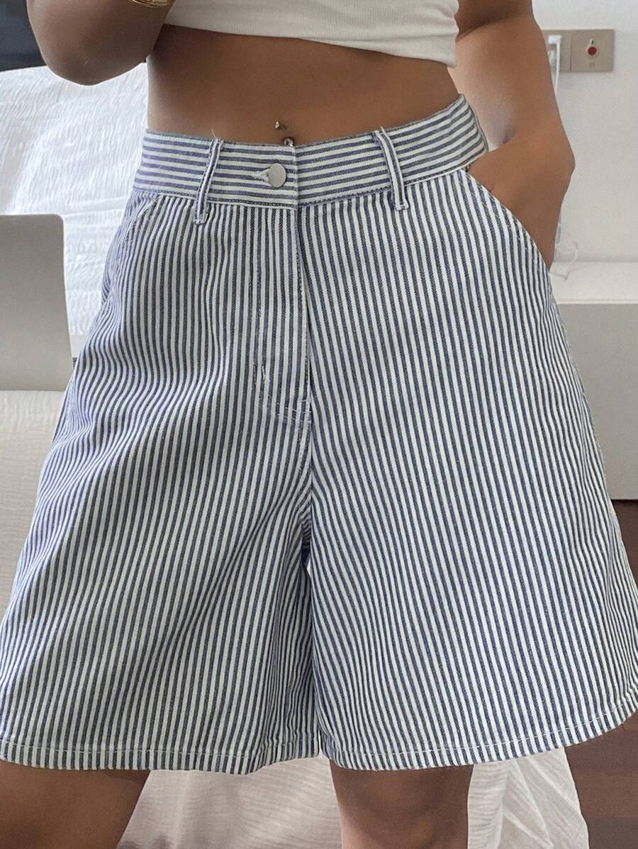 DAZY 女士条纹宽松直腿中长牛仔短裤