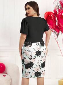 SHEIN Clasi Vestido de dos piezas de punto elástico con estampado floral primaveral para mujer de talla grande, elegante y romántico para uso diario, Día de San Valentín