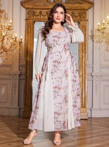 Modelyn Plus Size Women Floral Print Cinched Waist Square Neck Ruffle Hem Dress - Pink - View 6