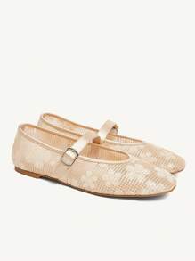 CUCCOO CHICEST Women's Summer New Mesh Sequin Square Toe Flat Elegant Casual Champagne Mesh Flat Mary Jane Shoes For Afternoon Tea, Date, Elegant Outfit, School Style, Party