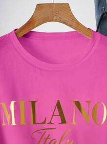 Women Round Neck Simple T-Shirt, Suitable For Summer - Hot Pink - View 3