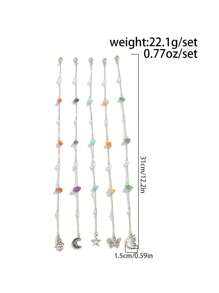 ROMWE Fairycore Set de 5 piezas de accesorios para el cabello con cadena de con cuentas con formas de estrella, luna y mariposa, joyería minimalista de moda para la cabeza