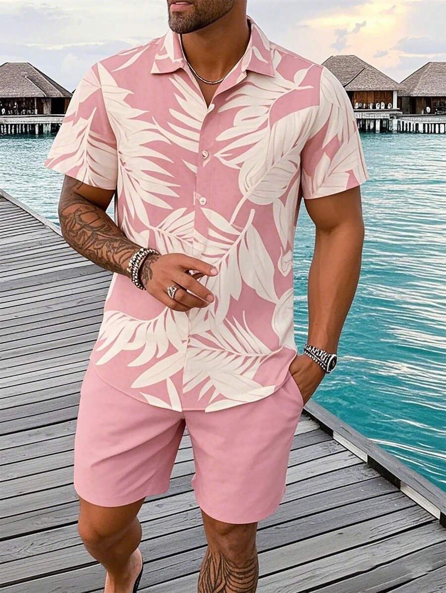 Manfinity RSRT Men's Vacation Casual Floral Print Short Sleeve Shirt And Shorts 2 Pieces Set, Cozy Outfits - Pink - View 1