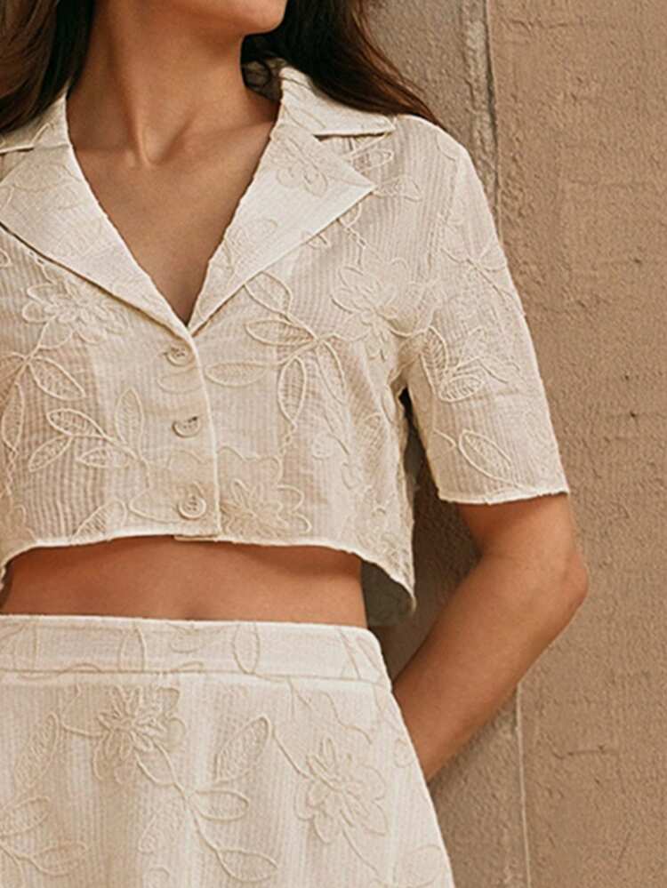 Women Elegant Modern Collar Textured Embroidered Short Shirt With A-Line Skirt Set, Spring/Summer Outfits