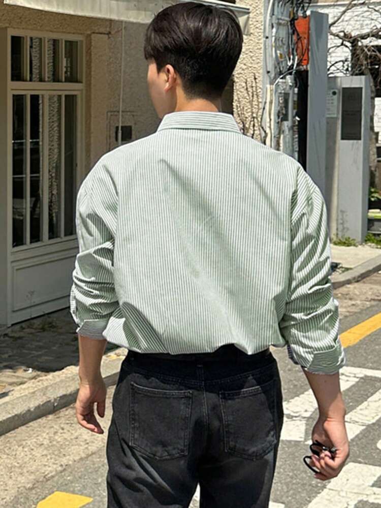 Spring Striped Business Casual Men's Long Sleeve Single-Breasted Shirt, Fall Easter