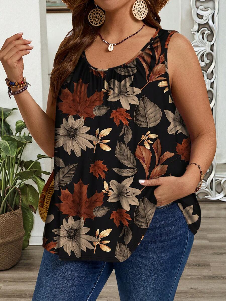 EMERY ROSE Camiseta de tirantes holgada con estampado de hojas y flores en estilo minimalista, adecuada para talla grande, primavera/verano y salidas, vacaciones - Multicolor - Ver 1