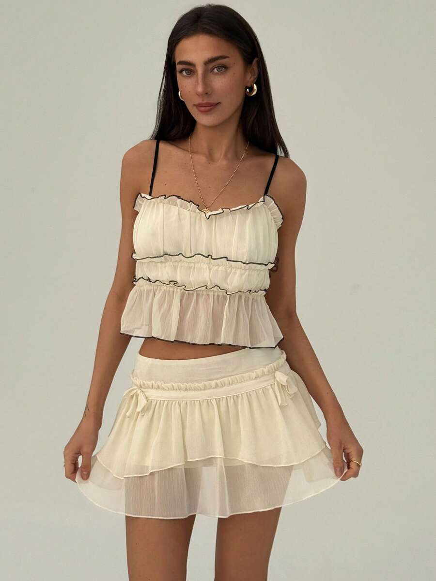 Aloruh 可爱年轻女士杏色低腰蝴蝶结褶饰蛋糕迷你裙 - 杏色 - 查看 1