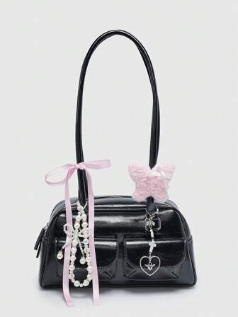 Kawaii Women's Retro Cute Plaid Bowknot Detail Cherry Heart Decor Shoulder Armpit Bag, Multi-Pockets Boston Handbag
