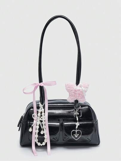 Kawaii Borsa da donna vintage carina con dettaglio fiocco a quadri, decorazione a cuore ciliegia sulla spalla/ascella, borsa a media con tasche multiple