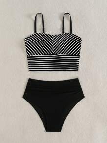 Swim Vcay 女士简约时尚背心吊带比基尼，适合夏季 - 黑與白 - 查看 1