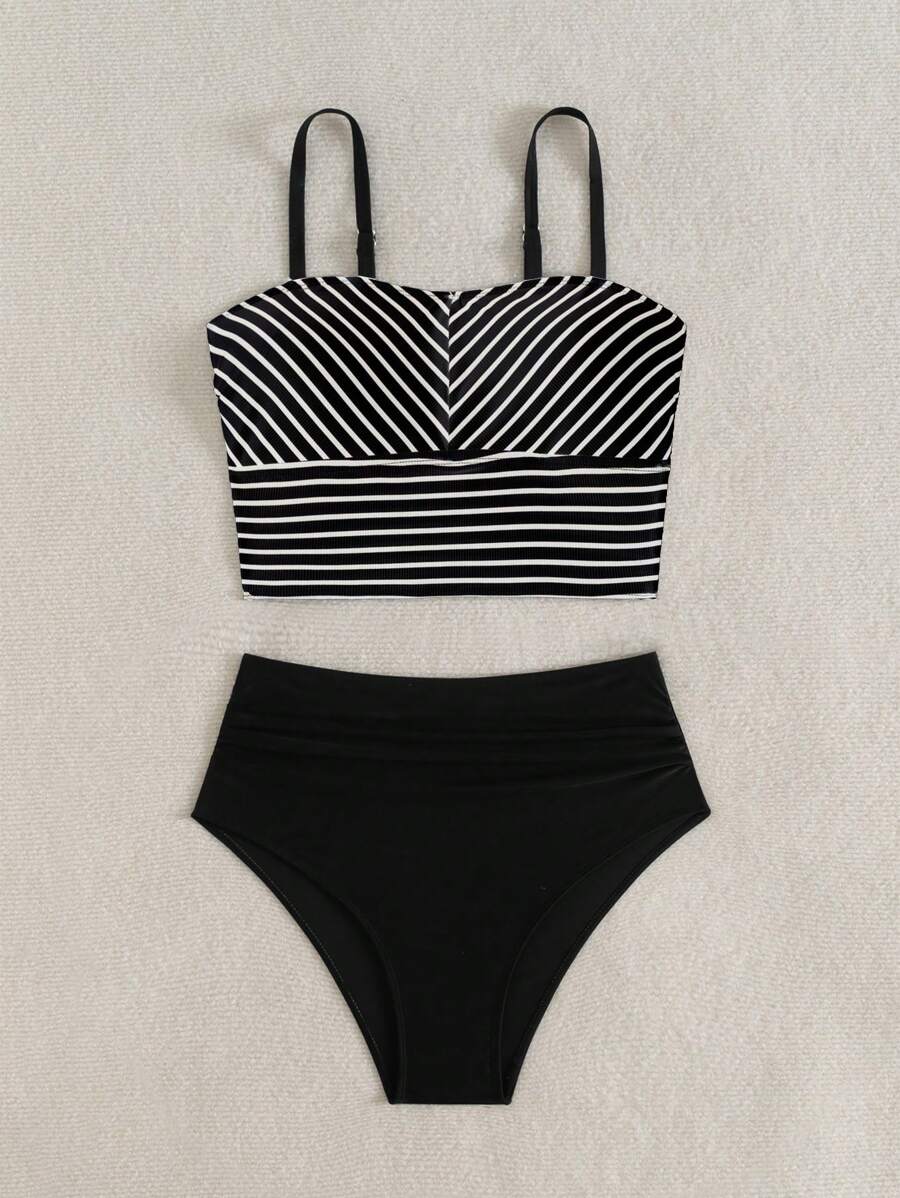 Swim Vcay 女士简约时尚背心吊带比基尼，适合夏季 - 黑與白 - 查看 1