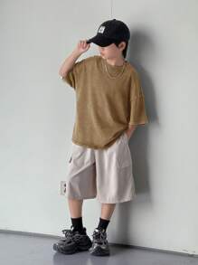 SHEIN 男童休闲水洗色宽松圆领短袖针织T恤，适合上学、花园、海滩、生日、春、夏、秋、冬等场合穿着。 - 杏色 - 查看 5