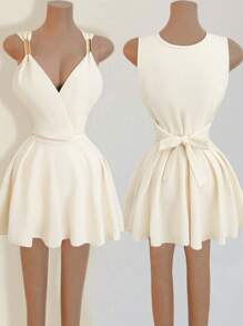 Zolique 女士性感十字领金属扣装饰褶皱露背系带褶皱下摆迷你连衣裙