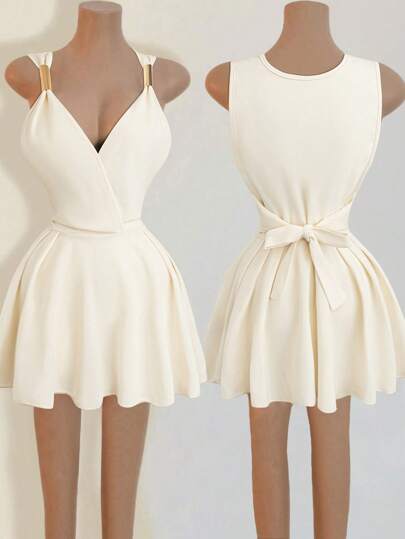 Zolique 女士性感十字领金属扣装饰褶皱露背系带褶皱下摆迷你连衣裙