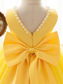 SHEIN Glamorique Kids Vestido de fiesta de tul de Princesa de Navidad para niña, vestido de niña de las flores para concurso, vestido de bola pomposo rosa, vestido de fiesta de princesa blanco con escote de pico y gran lazo