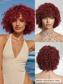 פאות שיער טבעי קצרות, אפרו קינקי מתולתל עם פוני, בורדו, פאת אפרו תלתל, לשימוש יומיומי - S99J - ראה 2