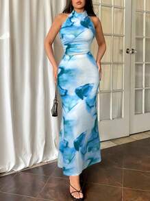 Firerie 2pcs/Set Women Turtleneck Backless Top And Long Fishtail Skirt Set - Blue - View 5