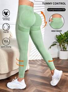 SHEIN Sports 瑜伽打底褲無縫寬腰帶緊縮褶皺臀部訓練緊身褲